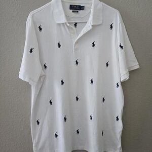 Ralph Lauren White Polo Shirt with Navy Accents Stylish white polo/ navy accents